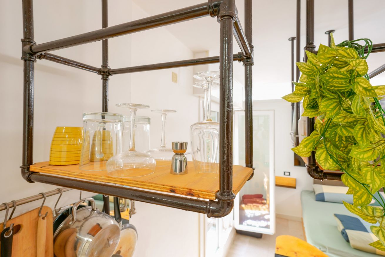 Dettagli raffinati della camera: scaffalature vintage in ferro e legno ospitano eleganti brocche in vetro, mentre una pianta rigogliosa aggiunge freschezza all'ambiente.