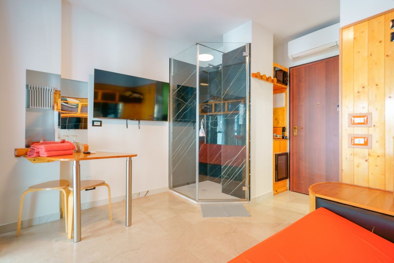 Bright and functional room featuring a modern living area, private bathroom with shower, and contemporary design details that create a welcoming and practical atmosphere.